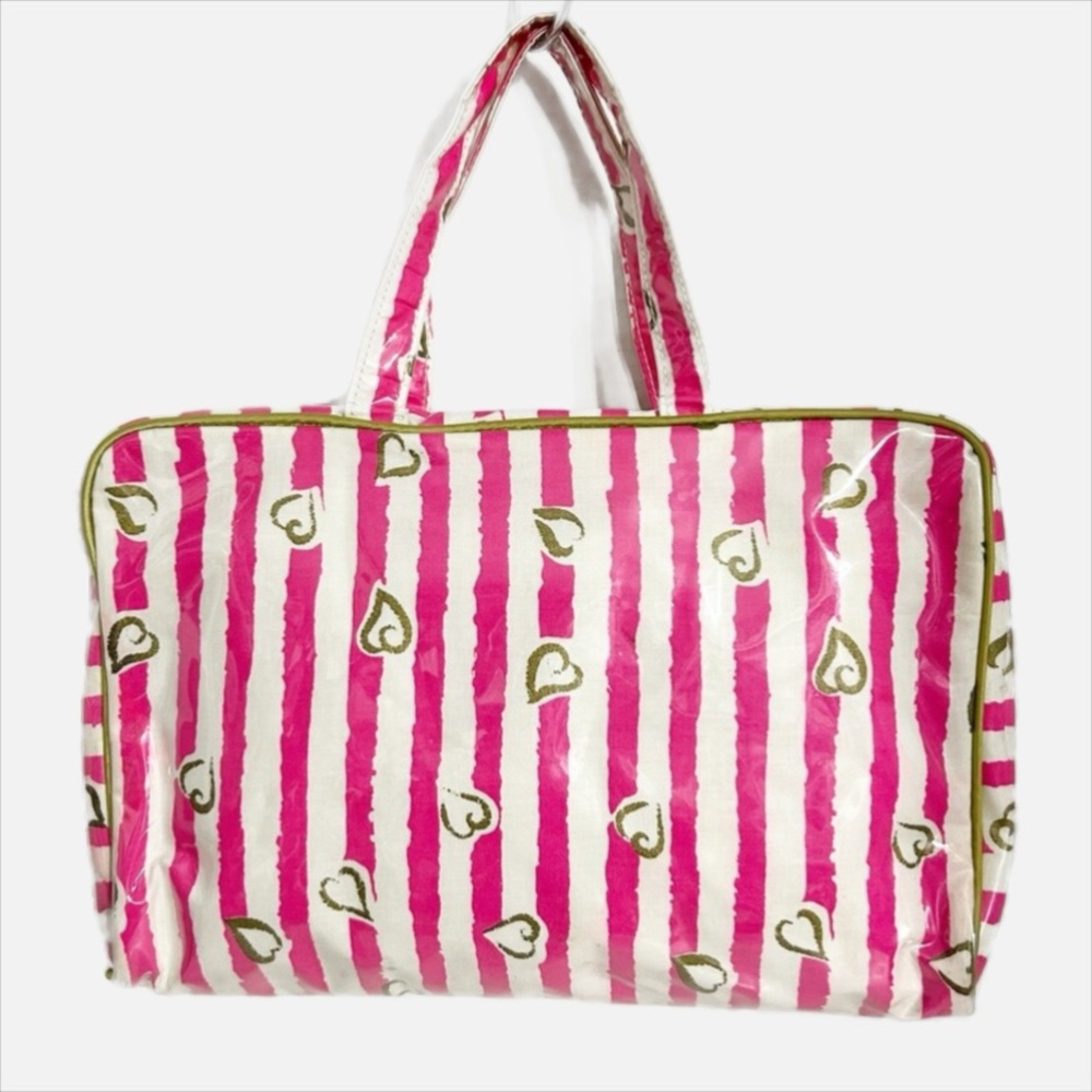 Victoria's Secret Cream and Pink Striped Hearts Travel Toiletry / Cosmetic Bag